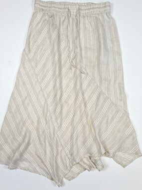 DKNY PURE LINEN BLEND ASYMMETRICAL MIDI SKIRT BEIGE STRIPE WOMENS SIZE M